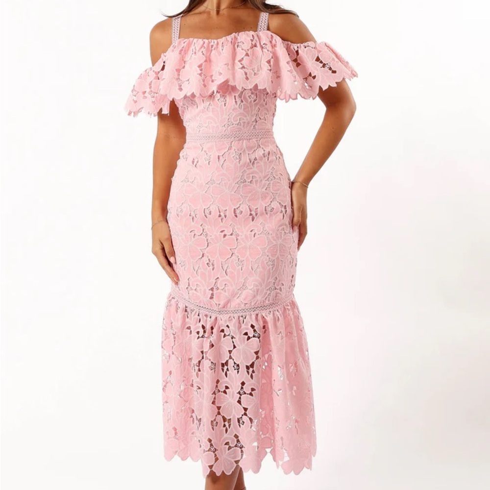 Petal & Pup Pink Lace Off-Shoulder Midi Dress